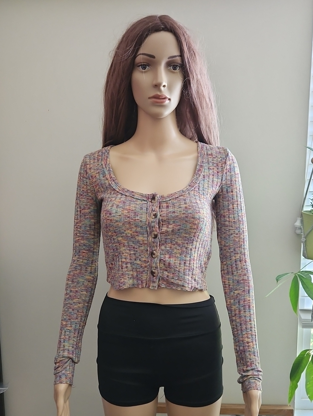 Urban Outfitters Multicolor Ribbed Scoop Neck Button-Front Crop Top Long Sleeves